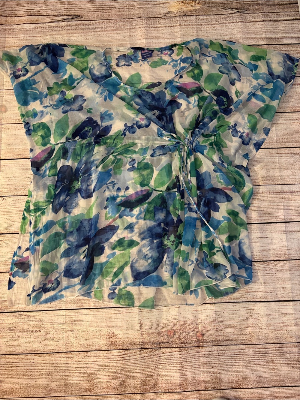 Sheer Floral Tie-Front Swim Coverup in Blue & Green